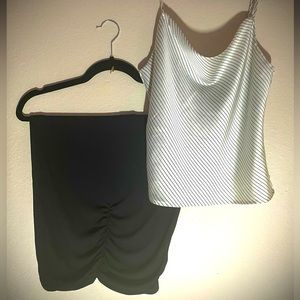 Fitted Black Skirt over the knee, silk white cami with thin black pin stripes
